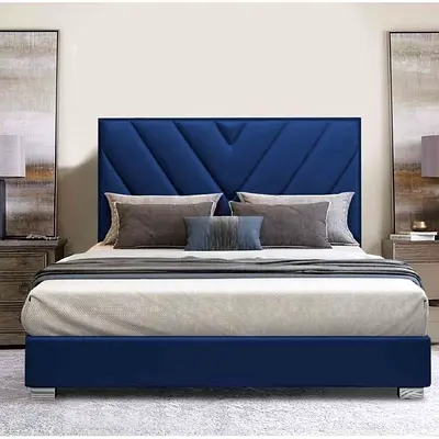 Modern Blue Upholstered customizable Bed with Padded Headboard