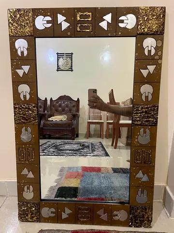 Large Decorative Wall Mirror with Geometric Carved Frame