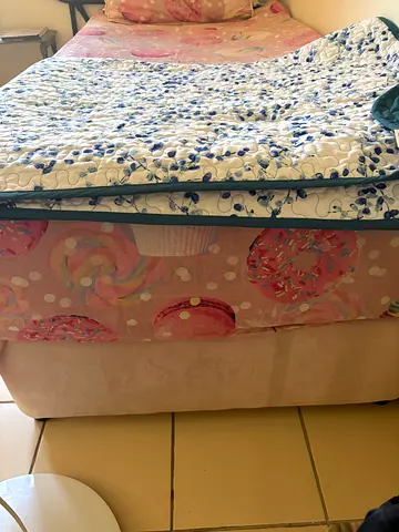 Single bed with base and mattress - beige fabric divan