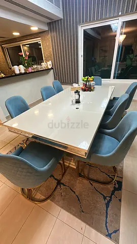 Marble-top Dining Table with 6 Upholstered Blue Chairs — Excellent Condition