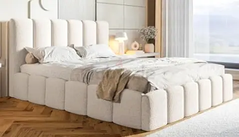 Modern Plush Curved Upholstered Queen Bed – Cream Bouclé