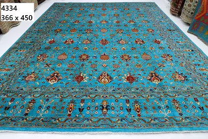 3.7x4.5m Handmade Turquoise Afghan-Style Large Area Rug MAJLIS carpet