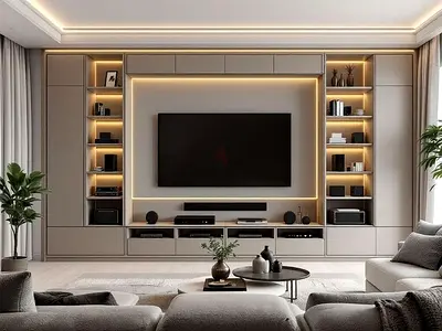 Modern Built-in Entertainment Unit with LED Shelving