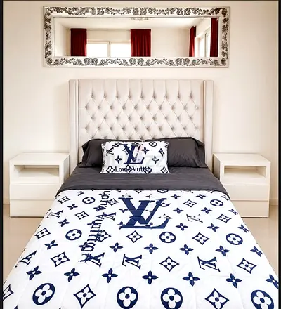 Ivory Tufted Upholstered Bed with Two Nightstands - Queen