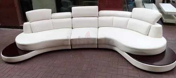 Large Curved White Leather Sofa with Built-in Side Tables