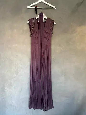 Elizabetta Franchi Purple sleeveless maxi dress with pleats and embellished shoulders