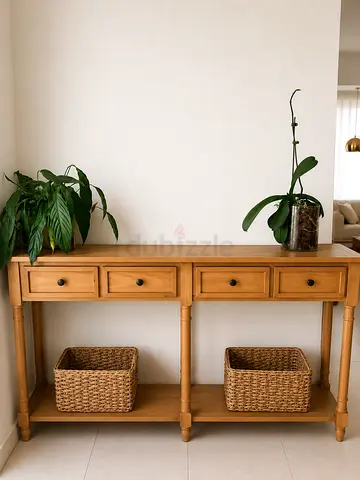 Solid Wood Console Table with Drawers and Lower Shelf (Natural Finish)