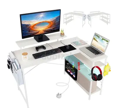 L-shaped White Corner Computer / Study Desk with Shelves and Monitor Stand