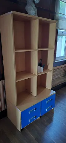 Light Wood Shelving Unit with  Blue Drawers — Good Condition