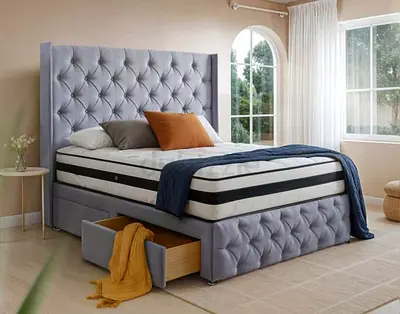 Grey Tufted Upholstered Bed with Storage Drawers - King Size