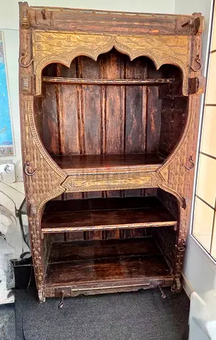 Antique Hand-Carved Wooden Display Cabinet with Brass Inlay