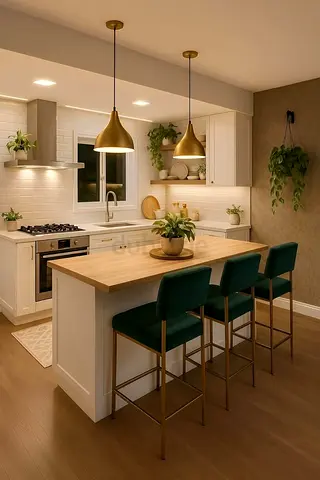 Modern kitchen island with three green bar stools and pendant lights