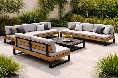 Outdoor teak and metal modular sofa set with cushions
