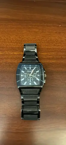 Black stainless steel mens wristwatch with rectangular dial