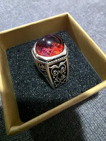 silver mens ring with amber-like cabochon- در نهري