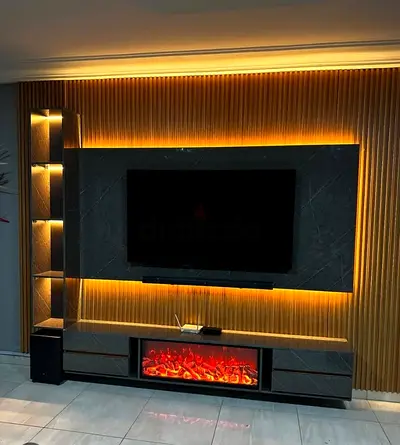 Modern wall-mounted entertainment center with built-in LED