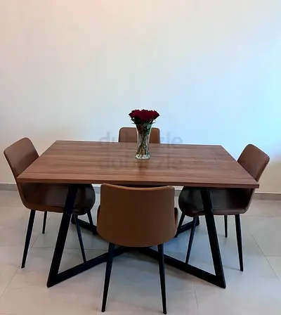 Modern wooden dining table with 4 chairs - walnut finish