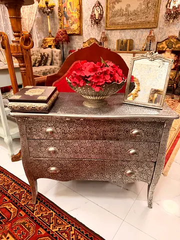 Silver Embossed 3-Drawer Chest / Dresser — Ornate Metal Finish