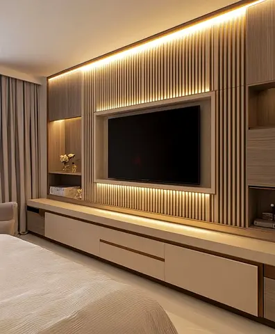 Modern wall-mounted entertainment unit with integrated LED lighting