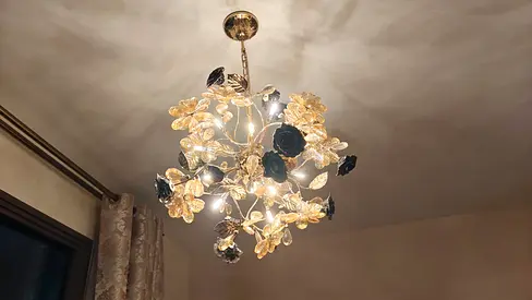 3 Floral Crystal Ceiling Chandelier with Gold  Black Rose Accents