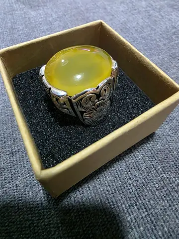 Mens Silver Ring with Yellow Agate Gemstone - عقيق شرف شمس صياغه عارف
