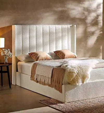Upholstered Double Bed with Tall Panel Headboard - Cream