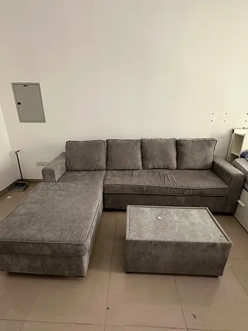 Grey L-shaped Sectional Sofa with Ottoman - Good Condition
