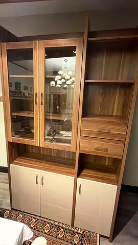 Wooden Display Cabinet with Glass Doors and Storage Drawers