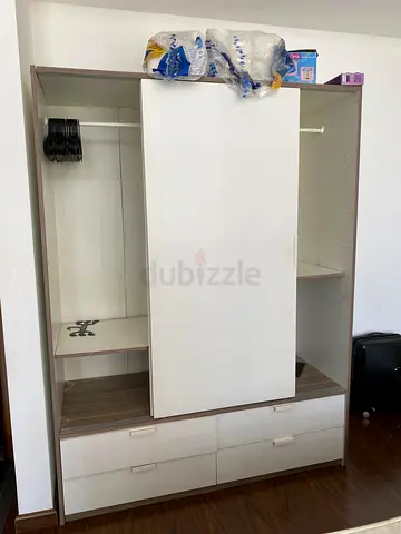 White Sliding Door Wardrobe with Drawers - Good Condition