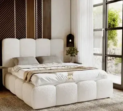 Queen upholstered tufted platform bed with cushioned headboard (white)
