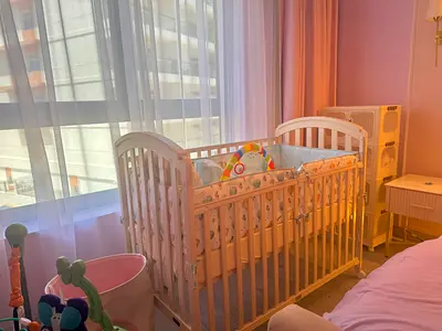 Wooden Baby Crib with Mattress and Bumpers - Good Condition