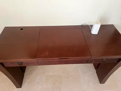 Dark Wood Writing Desk with Center Flip-Top and Cable Port