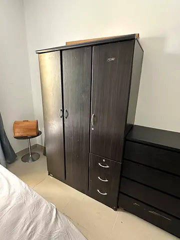 Dark Wood 3-Door Wardrobe with Drawers - Good Condition