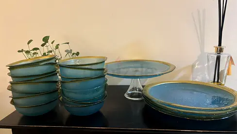Ceramic Serving Bowl and Plate Set with Cake Stand - Blue/Green