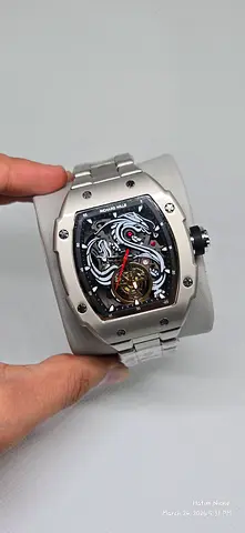 Automatic skeleton tourbillon mens wristwatch with metal bracelet