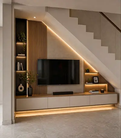 Custom Built-in TV Entertainment Unit with LED Lighting (Under Stair)