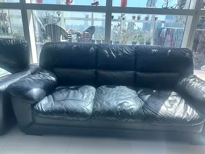 3+2+1 Seater Black Leather Sofa - Used, Comfortable Cushions