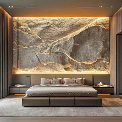 Large Textured Stone Feature Wall Panel with Integrated Backlighting - Modern Bedroom Accent