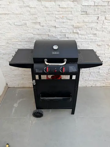 Two-burner gas BBQ grill on cart with side shelves - good condition