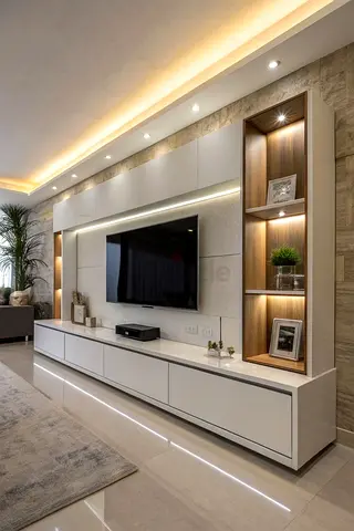 Modern wall-mounted entertainment center with integrated shelving and LED lighting