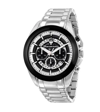 MASERATI TRAGUARDO 45MM CHR BLACK+GUN DIAL SS BR MEN’S WATCH.