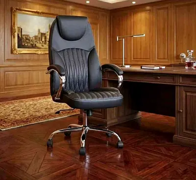 Black Executive Leather Office Chair with Armrests and Wheels