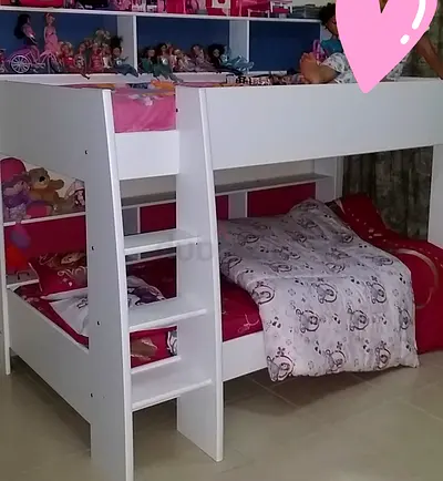 White Wooden Bunk Bed - Double Lower, Single Upper (Very Good Condition) with mattresses