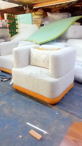 Modern boucle fabric armchair with wooden base - light grey