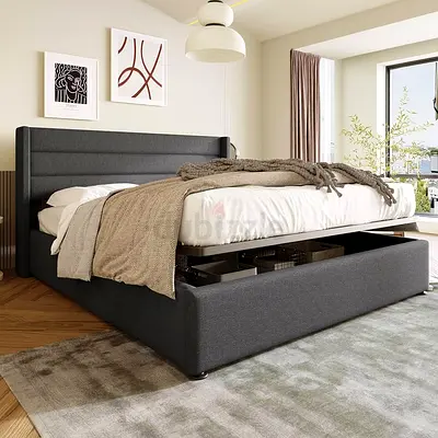 Queen Size Fabric Ottoman Storage Bed with Headboard - Dark Grey