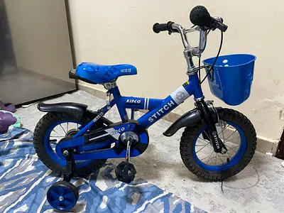 Kids 12-inch Blue Stitch Bicycle with Training Wheels and Basket