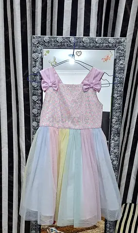 Girls pastel rainbow tulle party dress with bow straps - size small