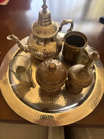 Brass Middle Eastern Coffee/Tea Set on Large Hammered Tray - Vintage