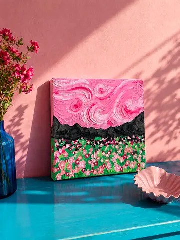 Van Gogh inspired textured pink acrylic landscape on canvas 35x35cm
