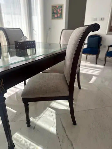 Solid Wood Dining Table with 6 Upholstered Chairs and Glass Top
